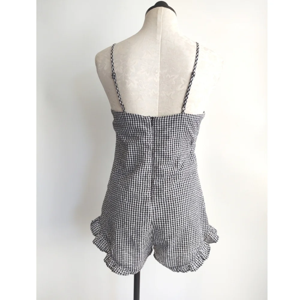 Honey Punch Gingham Romper Black & White Cami Ruffle Hem Size Small - Picture 5 of 12
